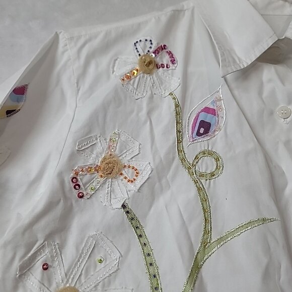 Women's Artistry Patchwork Floral Button Front Shirt Size M/L Sequin Embroidered - Picture 5 of 16